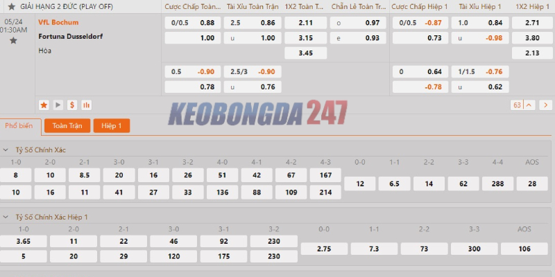 Soi kèo Bochum vs Fortuna Dusseldorf, 01h30 ngày 24/5 - Play-off Bundesliga 10 Bảng kèo Bochum vs Fortuna Dusseldorf