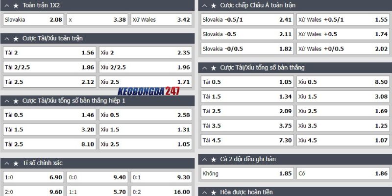 Soi kèo Slovakia vs Xứ Wales, 01h45 ngày 10/6 - Giao hữu quốc tế 10 Bảng kèo Slovakia vs Xứ Wales